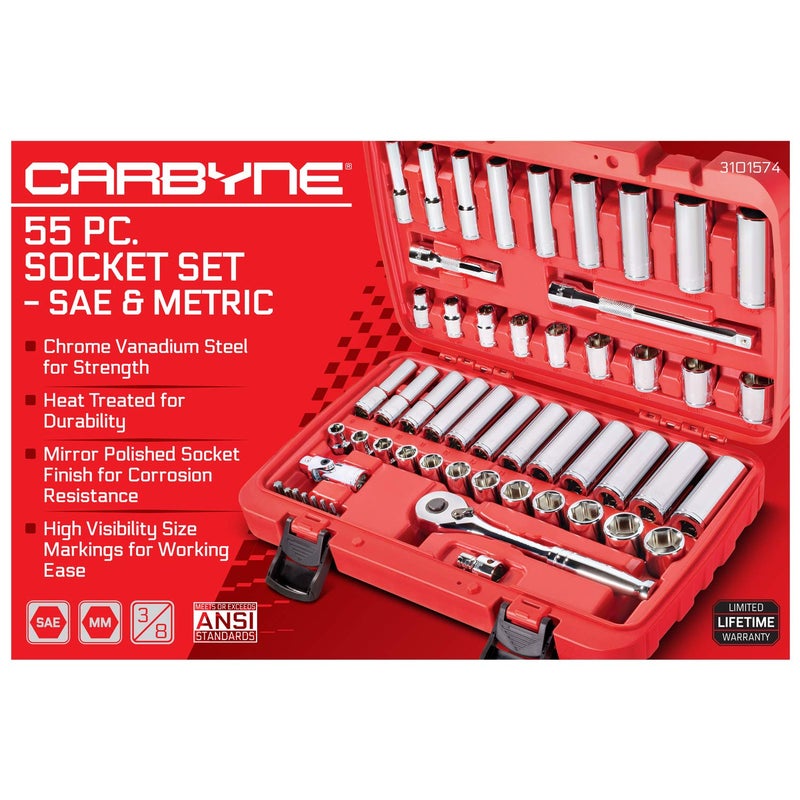 CARBYNE 55-Piece 3/8" Drive 6 Point Socket & Ratchet Set | SAE & Metric. Includes Metric 8mm to 19mm, SAE 5/16" to 3/4". Chrome Vanadium Steel â€¢ From a Family-Run Tool Company Based in the U.S.A. - Image 2